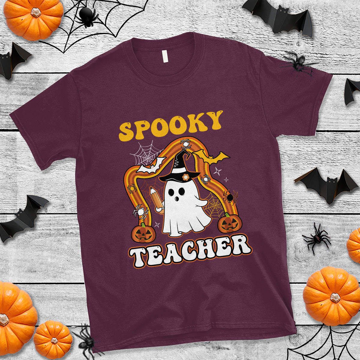 Halloween Teacher T Shirt Spooky Teacher Retro Rainbow Ghost Funny Halloween Teacher - Wonder Print Shop
