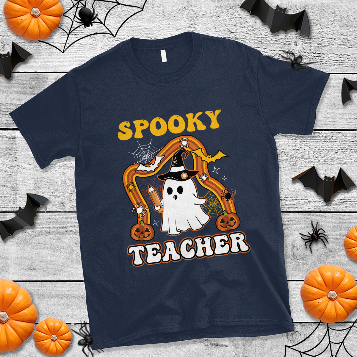 Halloween Teacher T Shirt Spooky Teacher Retro Rainbow Ghost Funny Halloween Teacher - Wonder Print Shop
