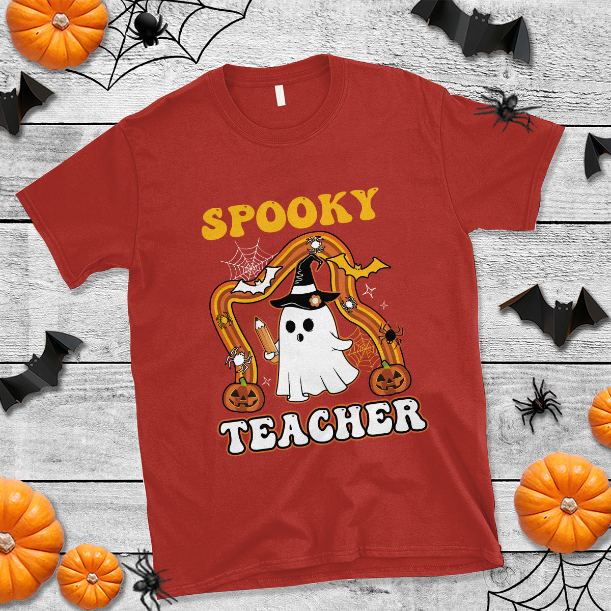 Halloween Teacher T Shirt Spooky Teacher Retro Rainbow Ghost Funny Halloween Teacher - Wonder Print Shop