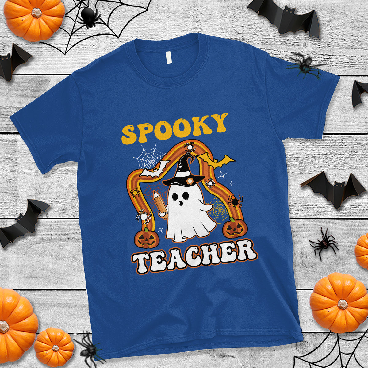 Halloween Teacher T Shirt Spooky Teacher Retro Rainbow Ghost Funny Halloween Teacher - Wonder Print Shop