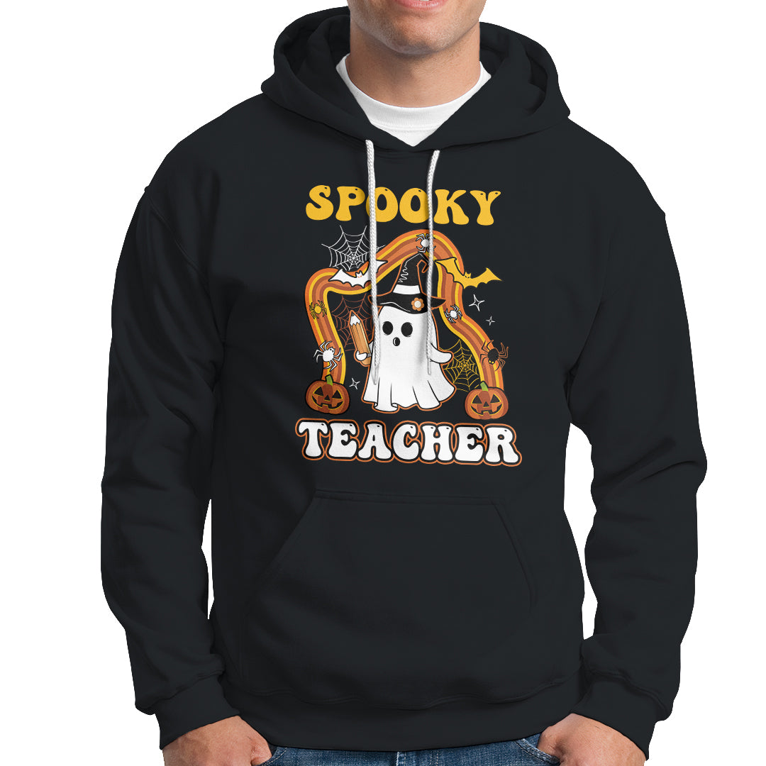 Halloween Teacher Hoodie Spooky Teacher Retro Rainbow Ghost Funny Halloween Teacher - Wonder Print Shop