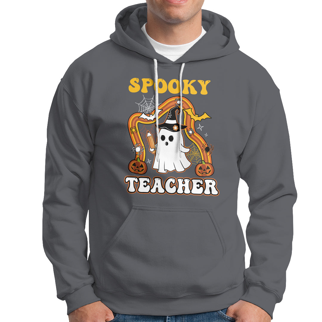 Halloween Teacher Hoodie Spooky Teacher Retro Rainbow Ghost Funny Halloween Teacher - Wonder Print Shop