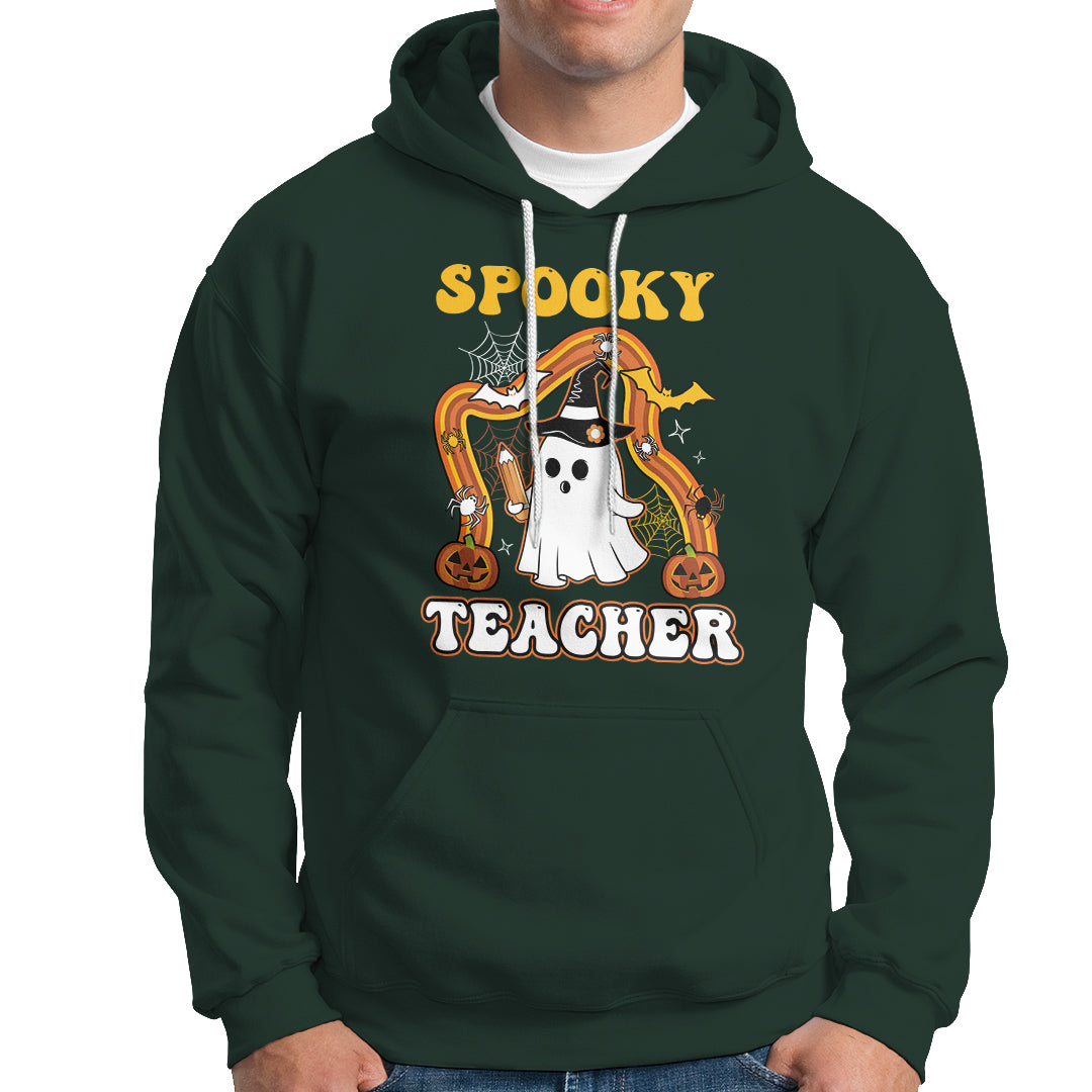 Halloween Teacher Hoodie Spooky Teacher Retro Rainbow Ghost Funny Halloween Teacher - Wonder Print Shop