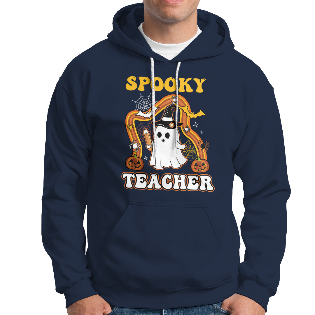 Halloween Teacher Hoodie Spooky Teacher Retro Rainbow Ghost Funny Halloween Teacher - Wonder Print Shop