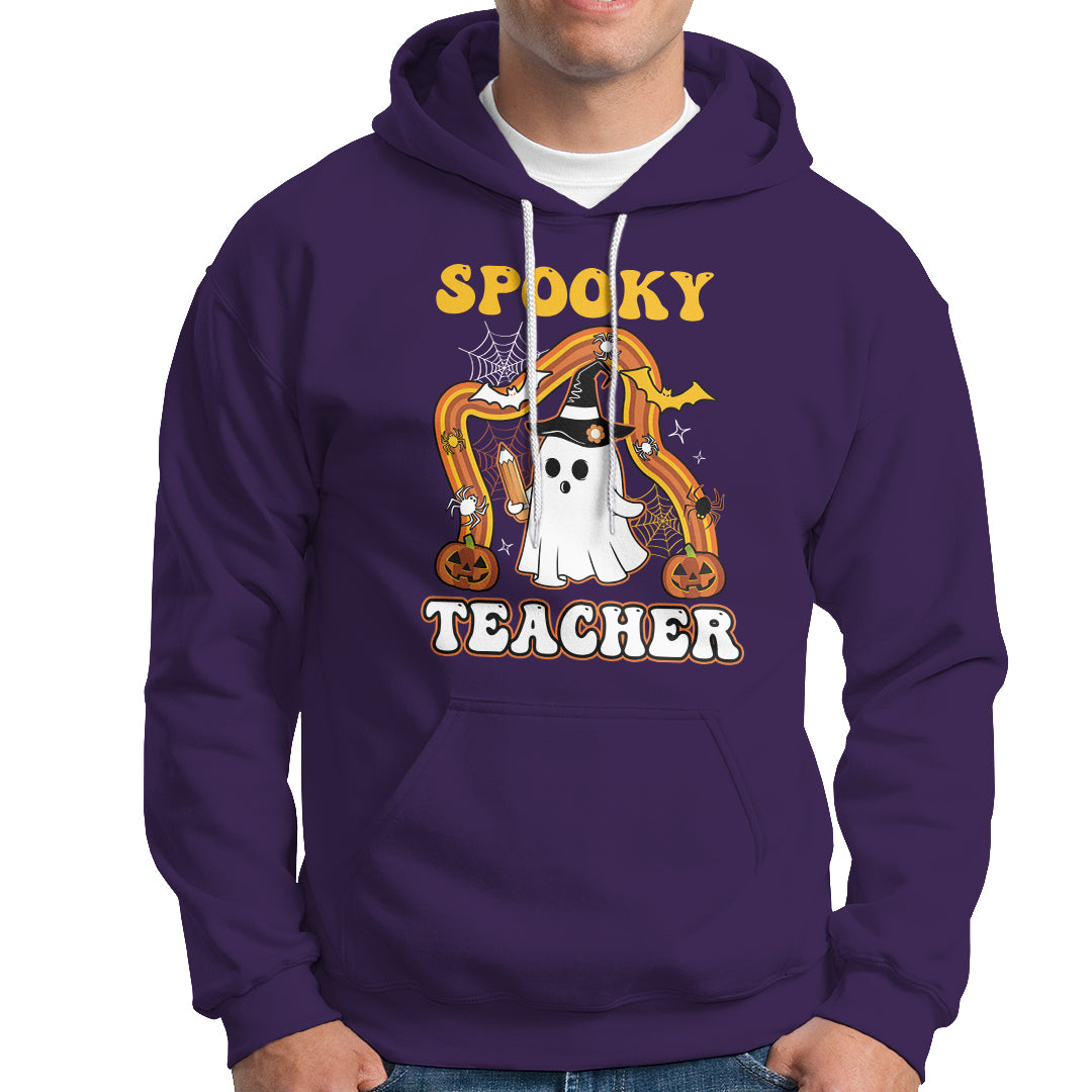 Halloween Teacher Hoodie Spooky Teacher Retro Rainbow Ghost Funny Halloween Teacher - Wonder Print Shop