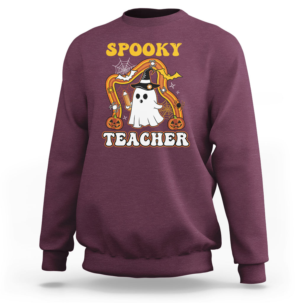Halloween Teacher Sweatshirt Spooky Teacher Retro Rainbow Ghost Funny Halloween Teacher - Wonder Print Shop