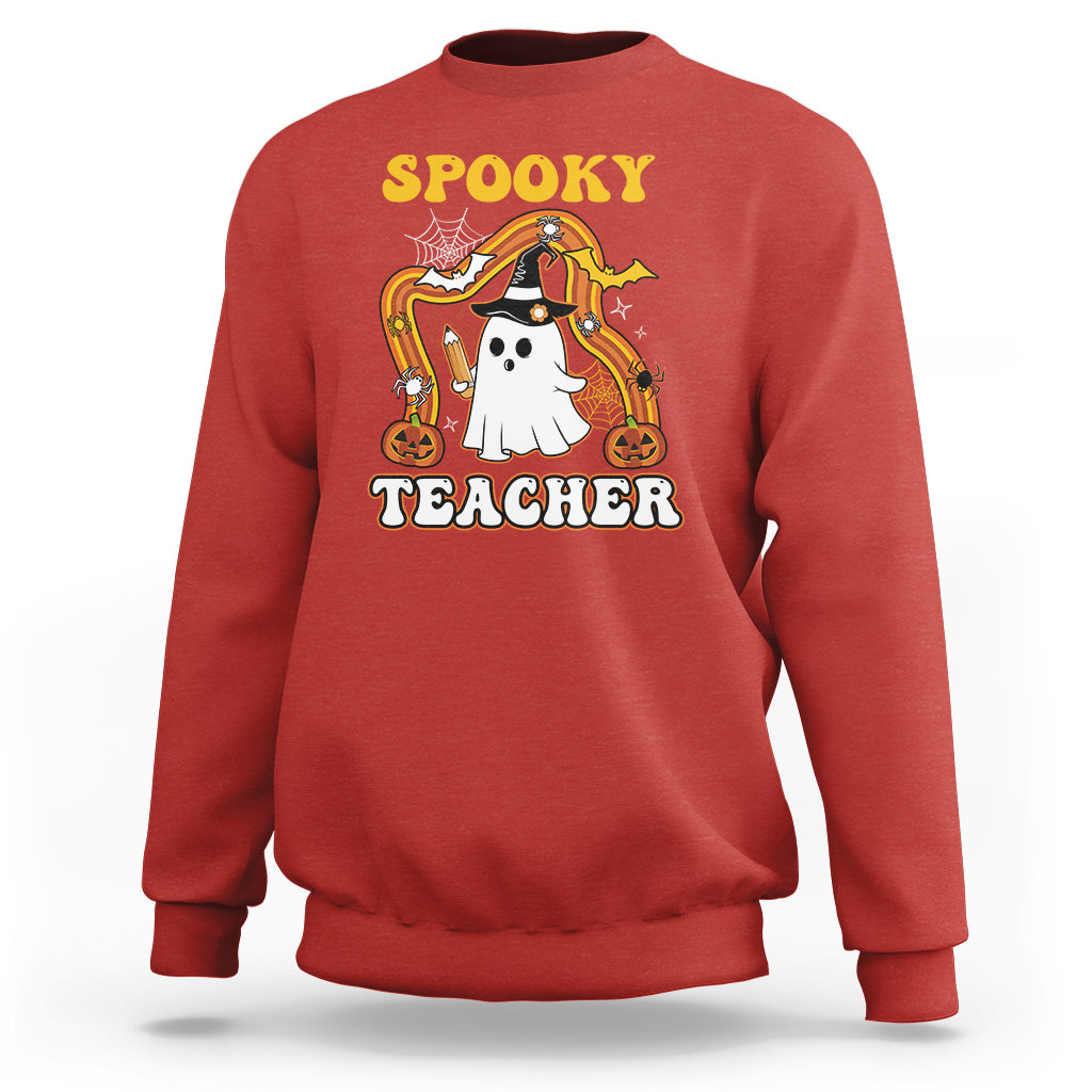Halloween Teacher Sweatshirt Spooky Teacher Retro Rainbow Ghost Funny Halloween Teacher - Wonder Print Shop