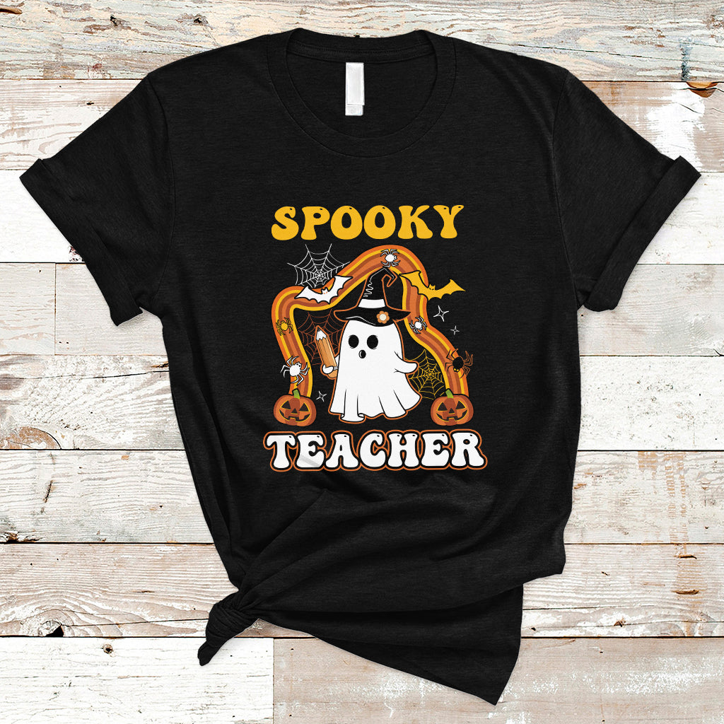 Halloween Teacher T Shirt Spooky Teacher Retro Rainbow Ghost Funny Halloween Teacher - Wonder Print Shop