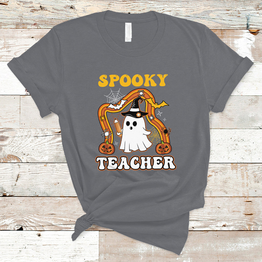 Halloween Teacher T Shirt Spooky Teacher Retro Rainbow Ghost Funny Halloween Teacher - Wonder Print Shop