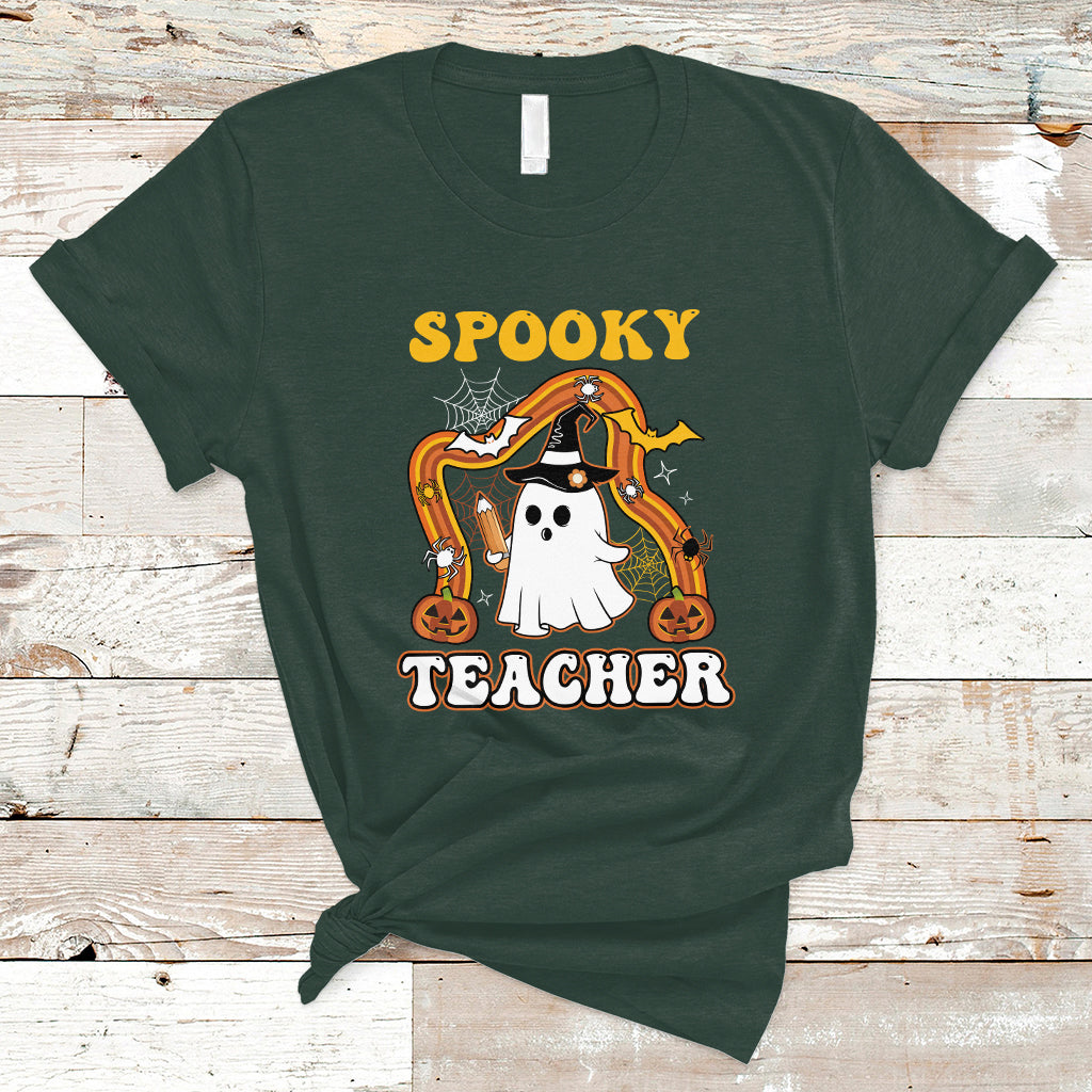 Halloween Teacher T Shirt Spooky Teacher Retro Rainbow Ghost Funny Halloween Teacher - Wonder Print Shop