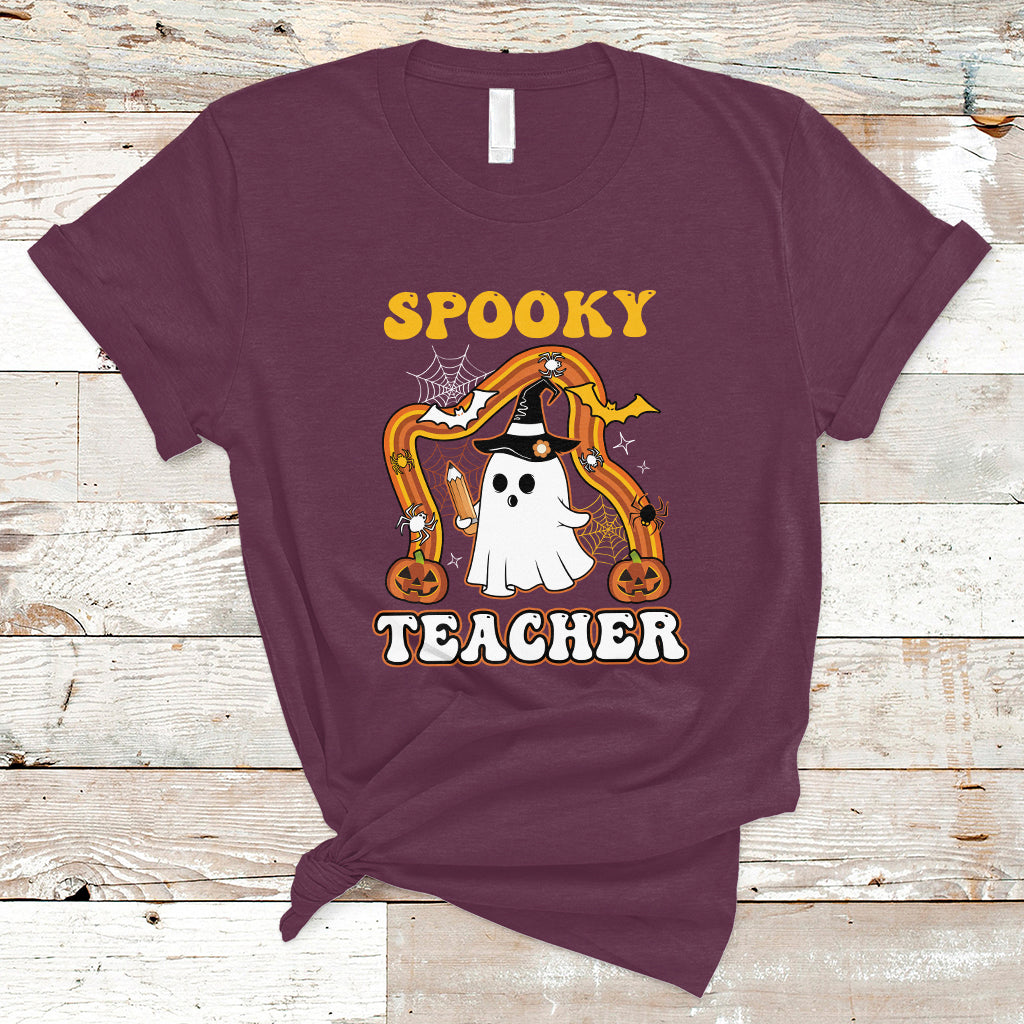 Halloween Teacher T Shirt Spooky Teacher Retro Rainbow Ghost Funny Halloween Teacher - Wonder Print Shop