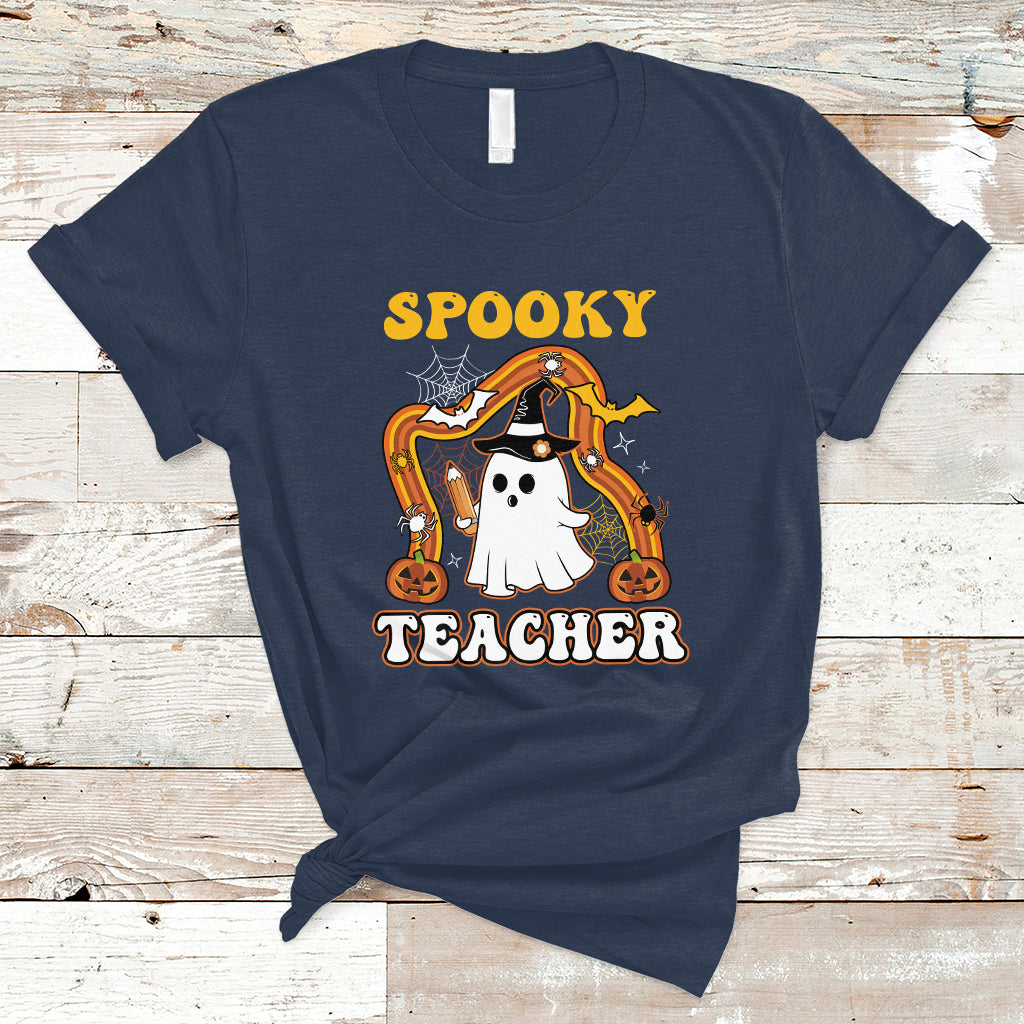 Halloween Teacher T Shirt Spooky Teacher Retro Rainbow Ghost Funny Halloween Teacher - Wonder Print Shop