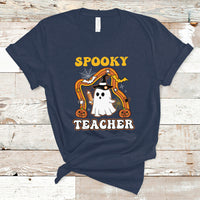 Halloween Teacher T Shirt Spooky Teacher Retro Rainbow Ghost Funny Halloween Teacher - Wonder Print Shop