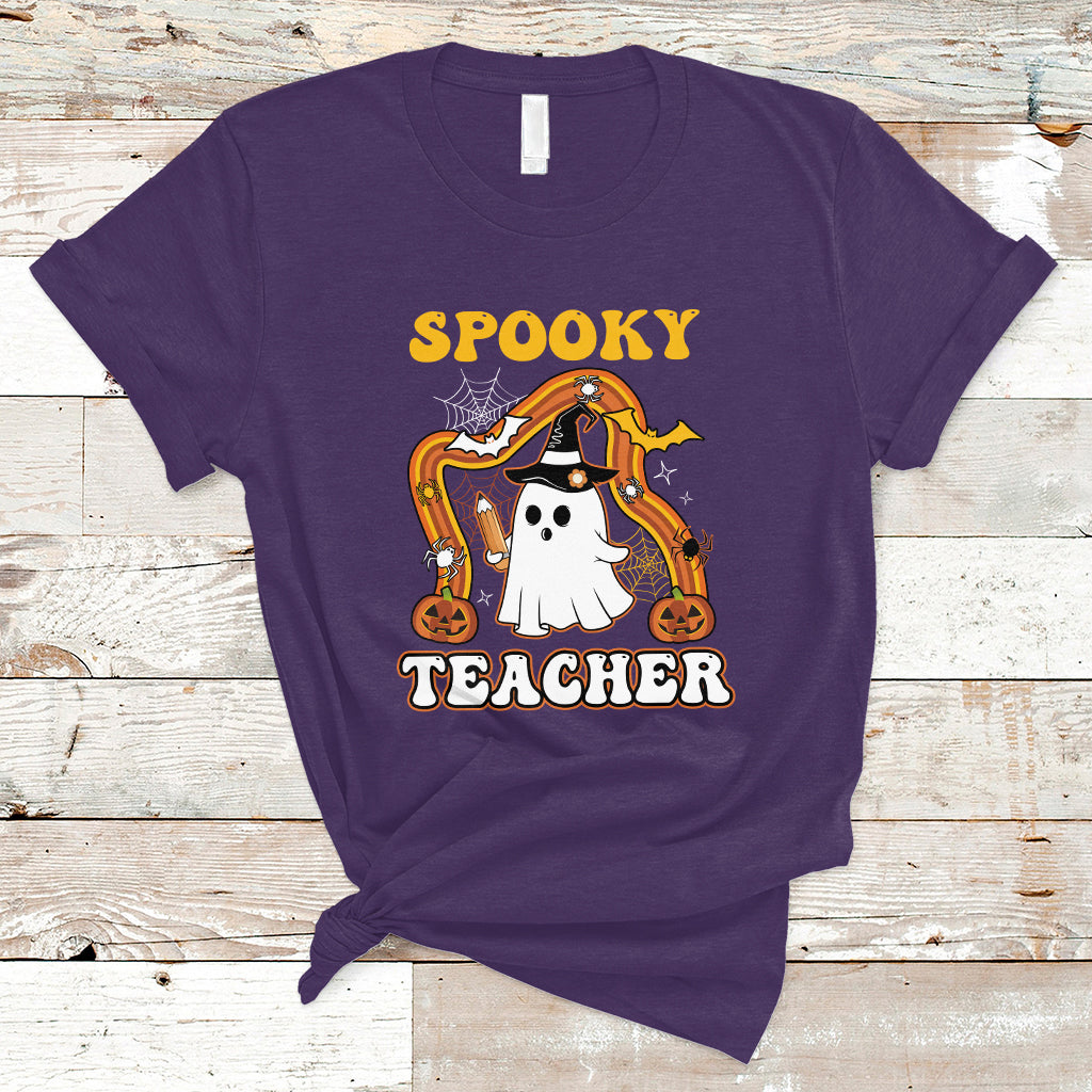 Halloween Teacher T Shirt Spooky Teacher Retro Rainbow Ghost Funny Halloween Teacher - Wonder Print Shop