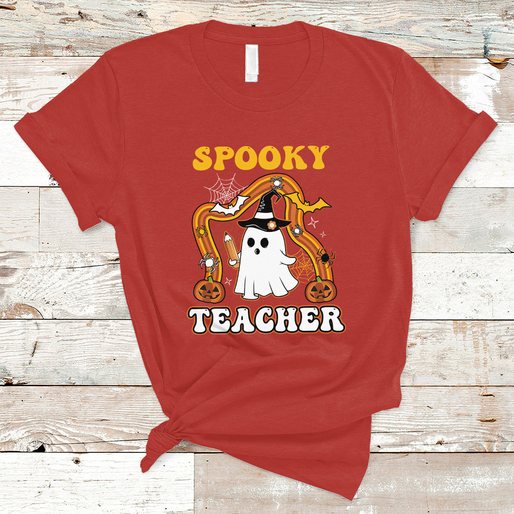 Halloween Teacher T Shirt Spooky Teacher Retro Rainbow Ghost Funny Halloween Teacher - Wonder Print Shop