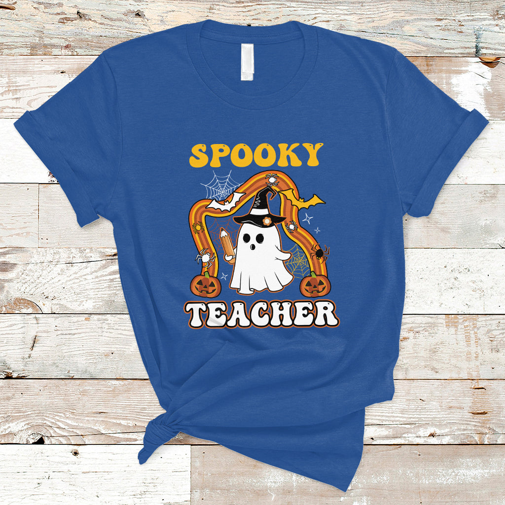 Halloween Teacher T Shirt Spooky Teacher Retro Rainbow Ghost Funny Halloween Teacher - Wonder Print Shop