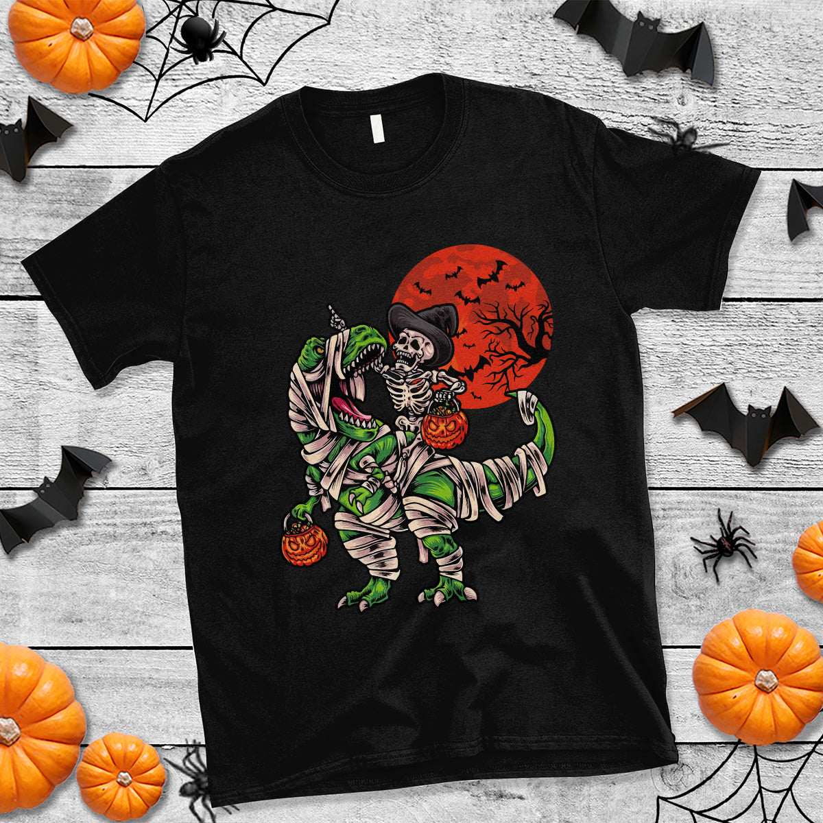 Halloween T Shirt Halloween Skeleton Riding Dinosaur Funny Scary Pumpkin - Wonder Print Shop