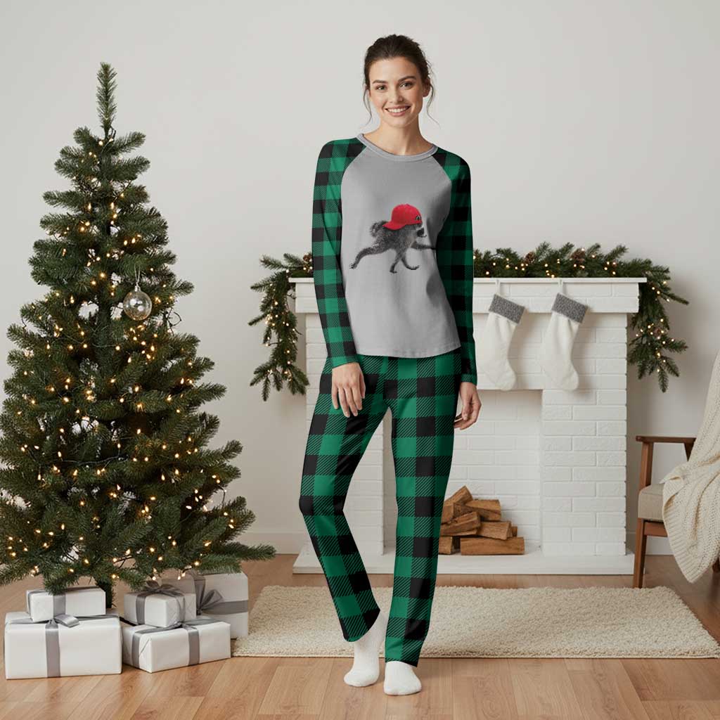 Funny Jimothy Raccoon Wearing Red Cap Graphic Plaid Pajama Set Viral Seattle Trash Panda Feral Legend