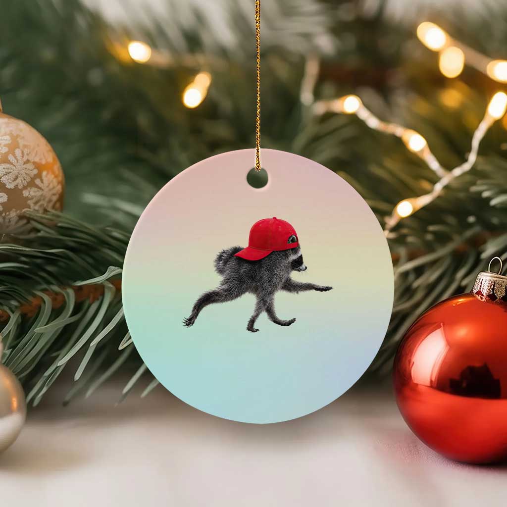 Funny Jimothy Raccoon Wearing Red Cap Graphic Ceramic Ornament Viral Seattle Trash Panda Feral Legend