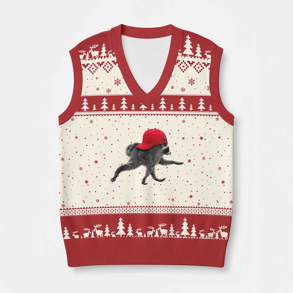 Funny Jimothy Raccoon Wearing Red Cap Graphic V-Neck Knit Sweater Vest Viral Seattle Trash Panda Feral Legend