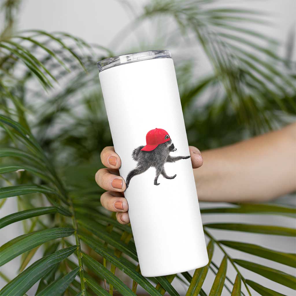 Funny Jimothy Raccoon Wearing Red Cap Graphic Skinny Tumbler Viral Seattle Trash Panda Feral Legend