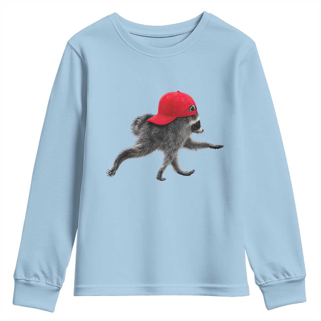 Funny Jimothy Raccoon Wearing Red Cap Graphic Youth Sweatshirt Viral Seattle Trash Panda Feral Legend