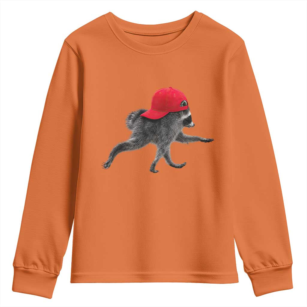 Funny Jimothy Raccoon Wearing Red Cap Graphic Youth Sweatshirt Viral Seattle Trash Panda Feral Legend