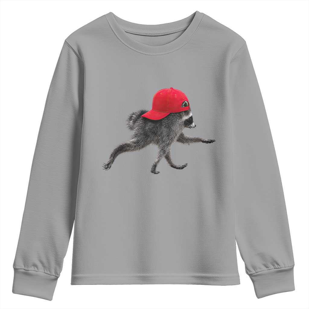 Funny Jimothy Raccoon Wearing Red Cap Graphic Youth Sweatshirt Viral Seattle Trash Panda Feral Legend