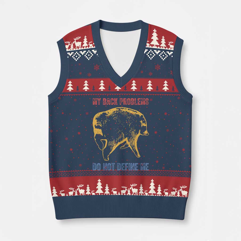 Funny Jimothy Meme Back Pain Humor V-Neck Knit Sweater Vest My Back Problems Do Not Define Me Viral Seattle Raccoon