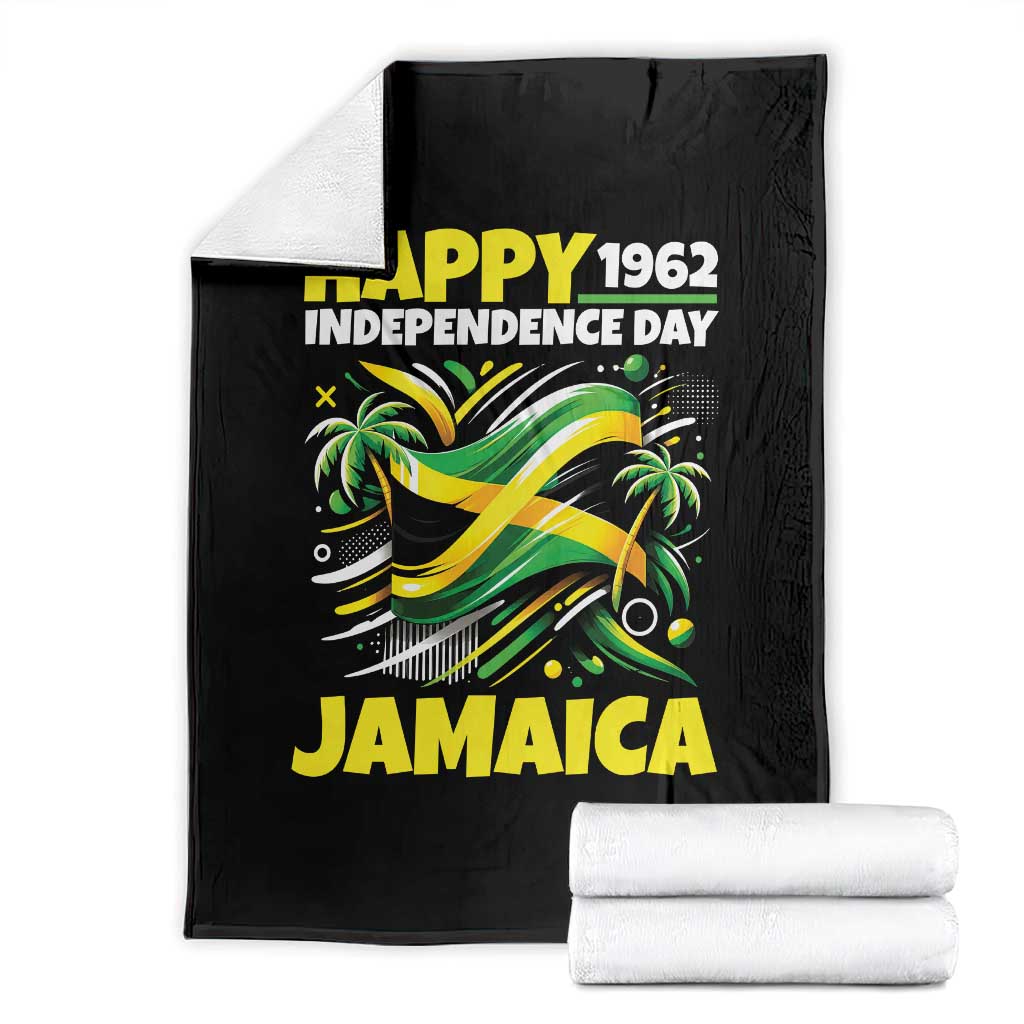 Happy Jamaican Independence Day 1962 Graphic Throw Blanket Jamaica Waving Flag and Palm Trees Caribbean Pride