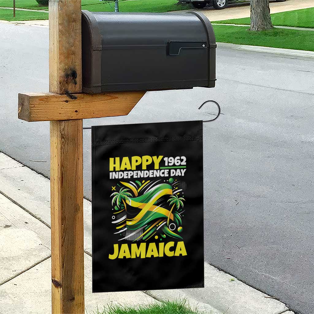 Happy Jamaican Independence Day 1962 Graphic Garden Flag Jamaica Waving Flag and Palm Trees Caribbean Pride