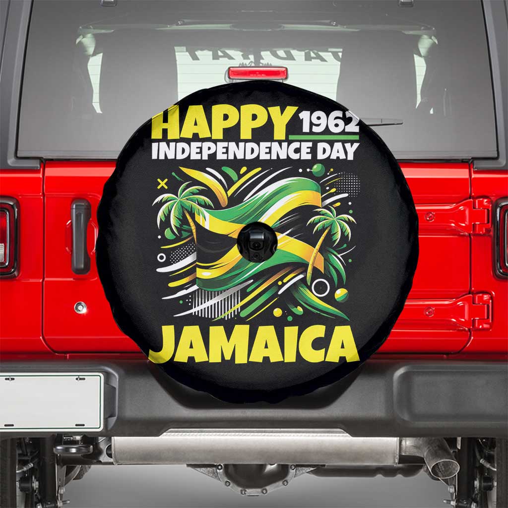 Happy Jamaican Independence Day 1962 Graphic Spare Tire Cover Jamaica Waving Flag and Palm Trees Caribbean Pride