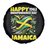 Happy Jamaican Independence Day 1962 Graphic Spare Tire Cover Jamaica Waving Flag and Palm Trees Caribbean Pride