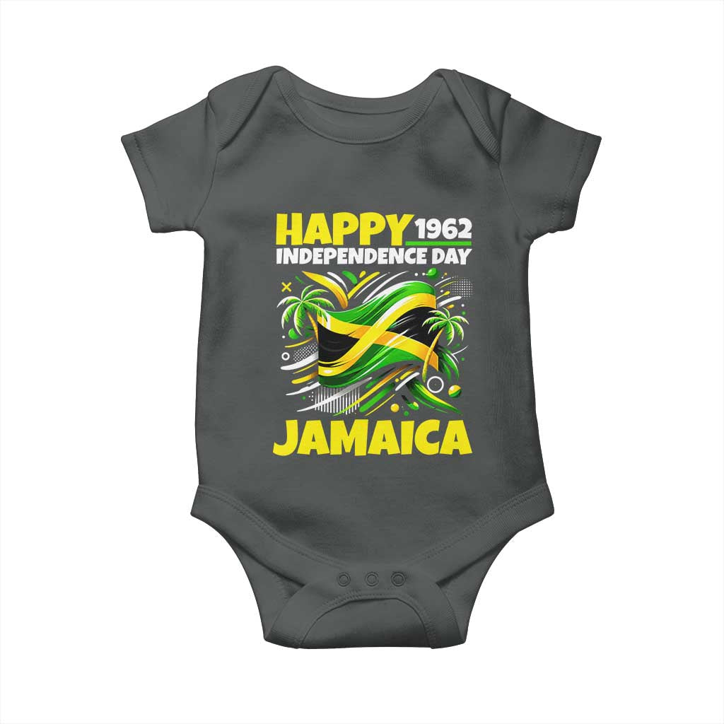 Happy Jamaican Independence Day 1962 Graphic Baby Onesie Jamaica Waving Flag and Palm Trees Caribbean Pride