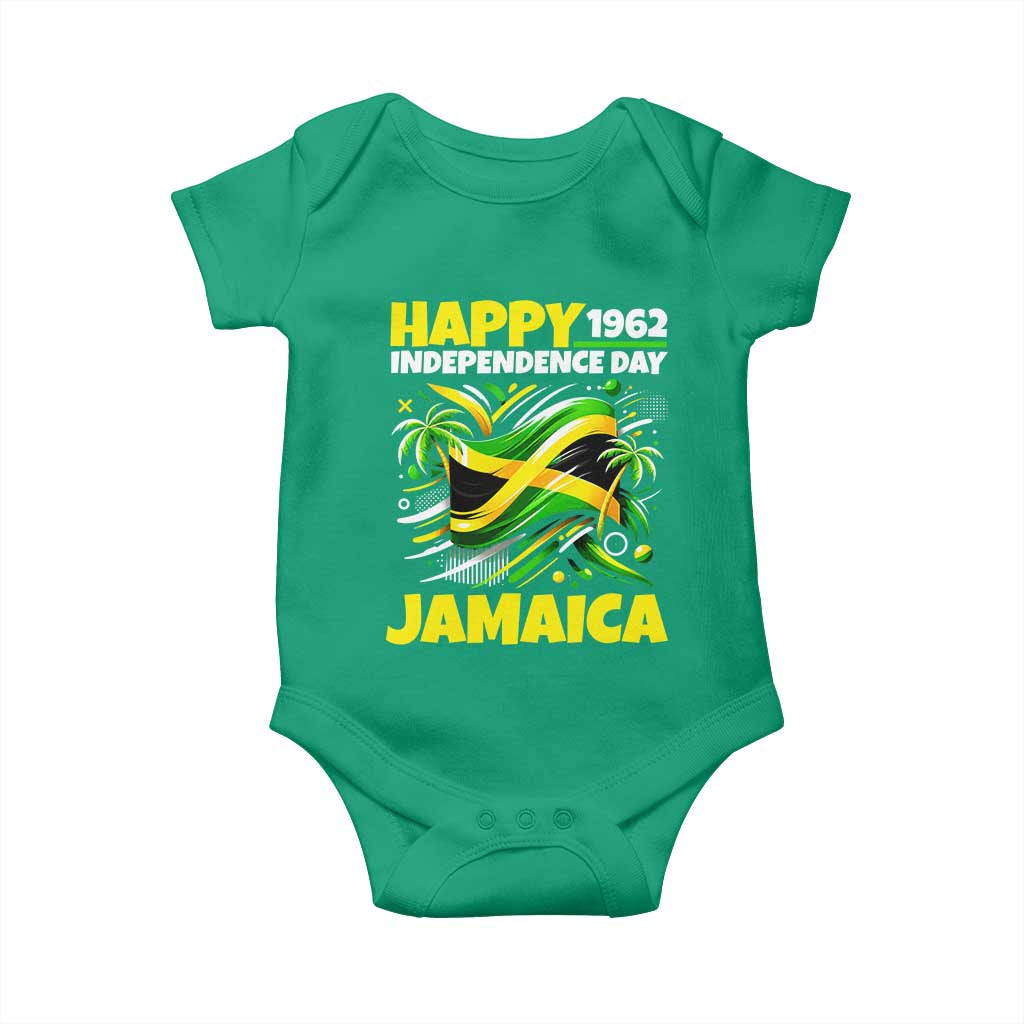 Happy Jamaican Independence Day 1962 Graphic Baby Onesie Jamaica Waving Flag and Palm Trees Caribbean Pride