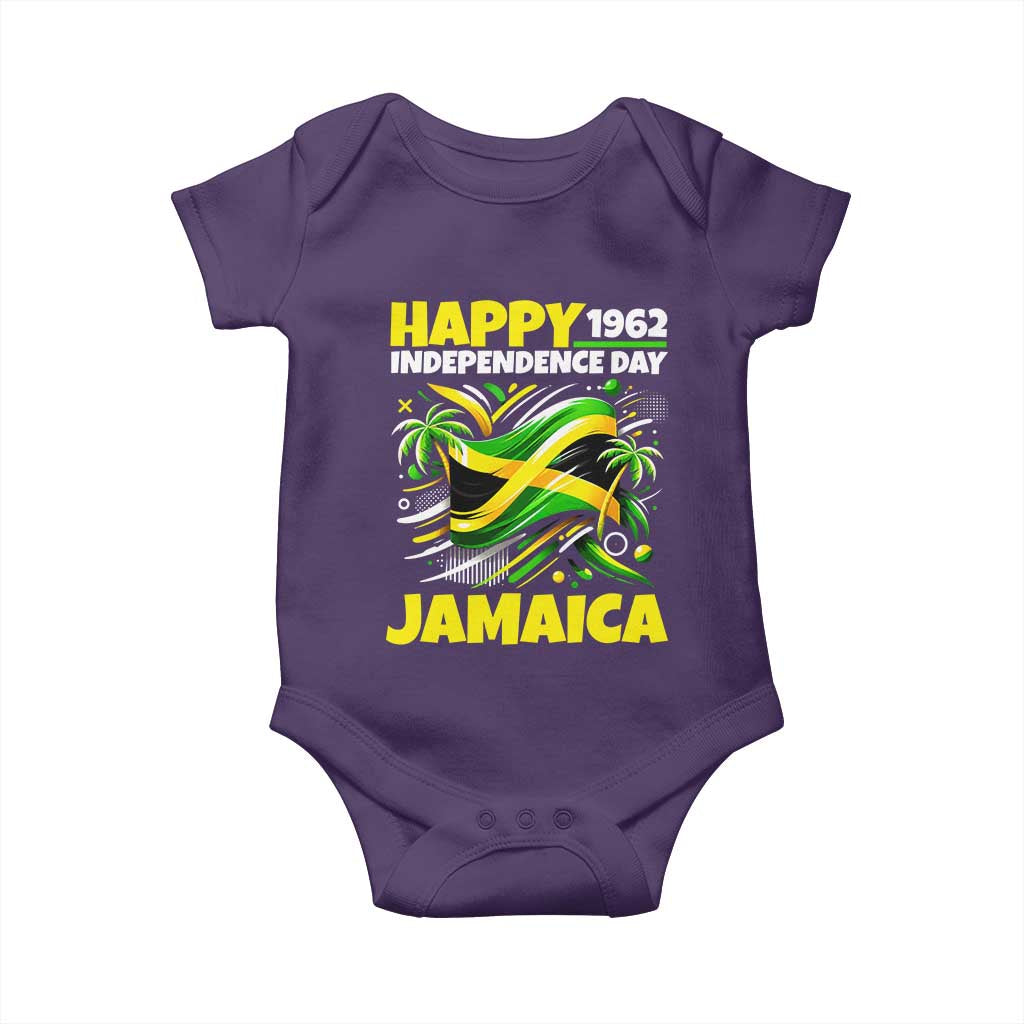 Happy Jamaican Independence Day 1962 Graphic Baby Onesie Jamaica Waving Flag and Palm Trees Caribbean Pride