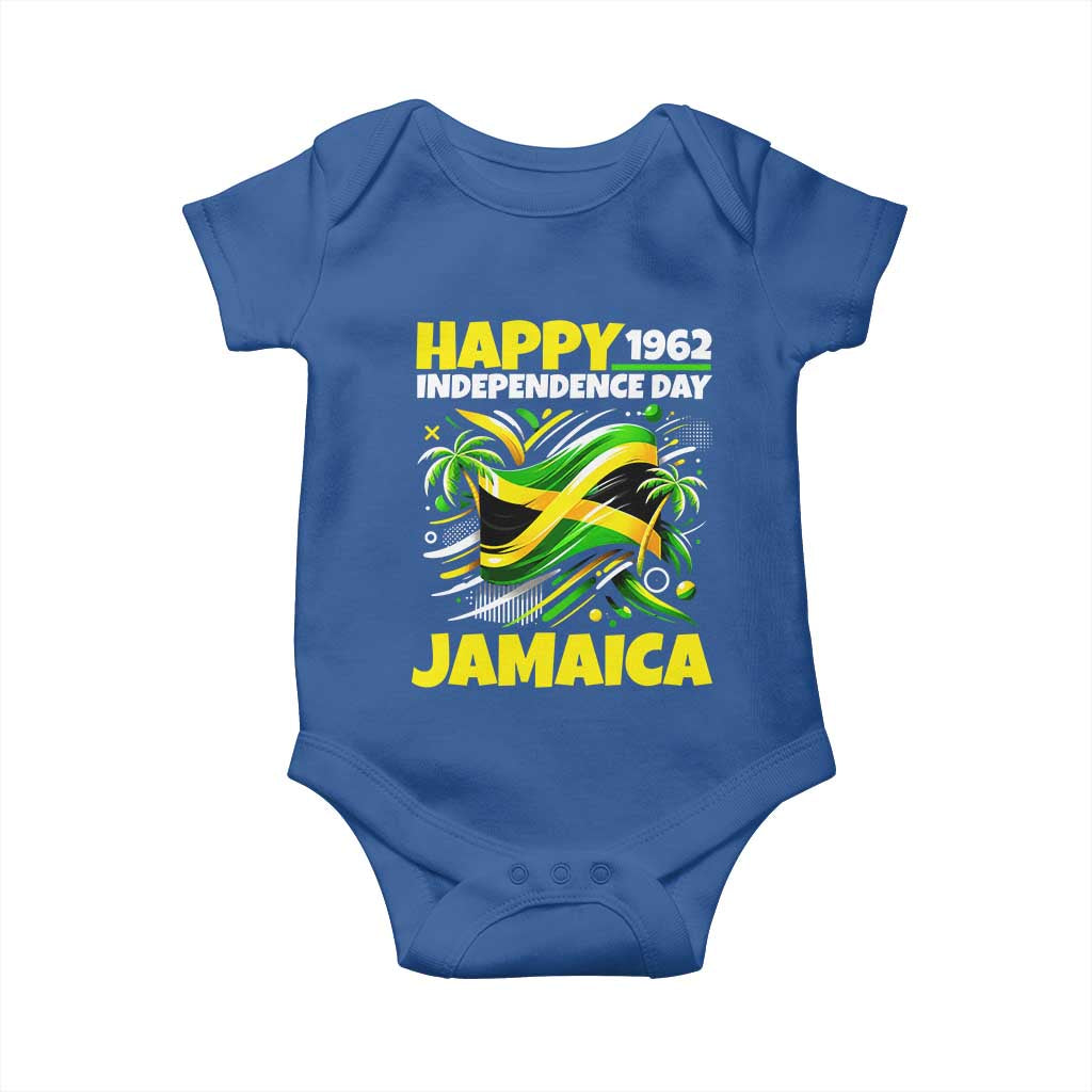 Happy Jamaican Independence Day 1962 Graphic Baby Onesie Jamaica Waving Flag and Palm Trees Caribbean Pride