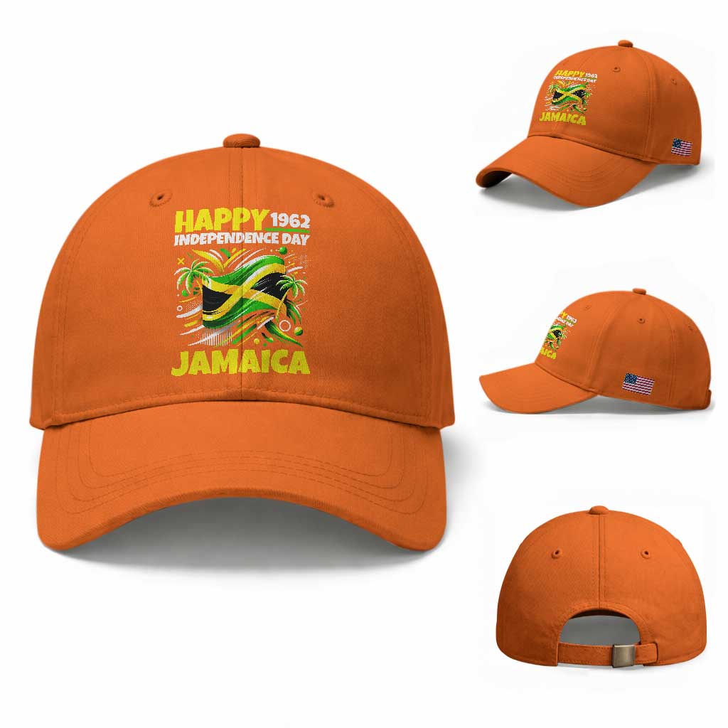 Happy Jamaican Independence Day 1962 Graphic Baseball Cap Jamaica Waving Flag and Palm Trees Caribbean Pride