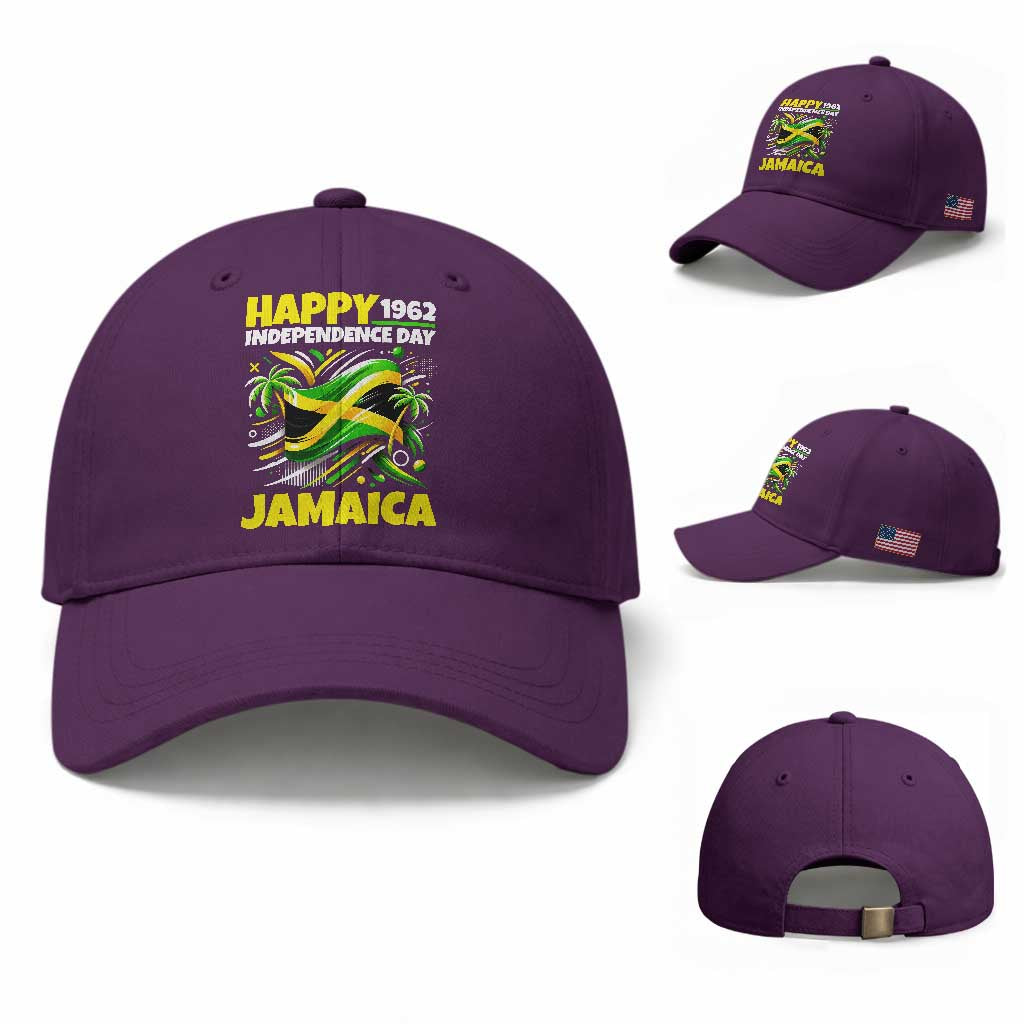 Happy Jamaican Independence Day 1962 Graphic Baseball Cap Jamaica Waving Flag and Palm Trees Caribbean Pride