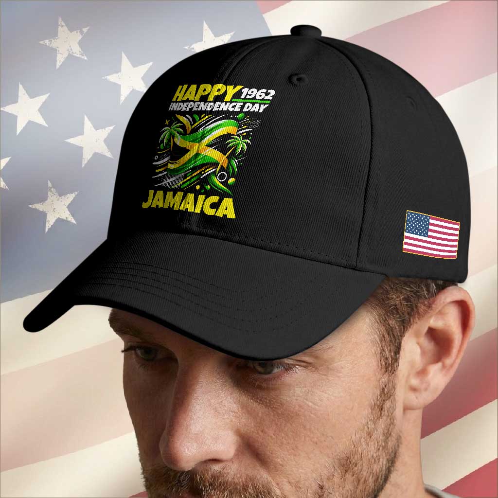 Happy Jamaican Independence Day 1962 Graphic Baseball Cap Jamaica Waving Flag and Palm Trees Caribbean Pride