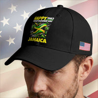 Happy Jamaican Independence Day 1962 Graphic Baseball Cap Jamaica Waving Flag and Palm Trees Caribbean Pride