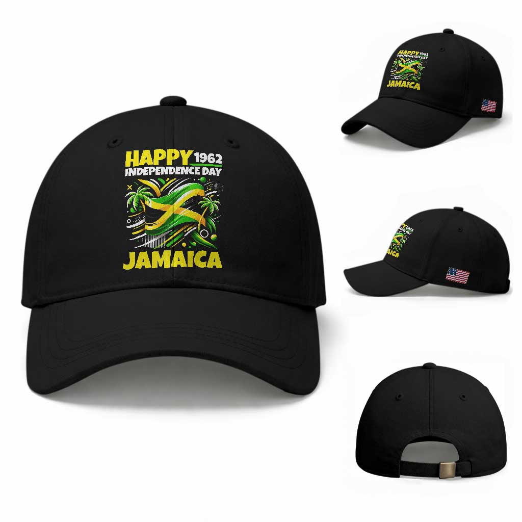 Happy Jamaican Independence Day 1962 Graphic Baseball Cap Jamaica Waving Flag and Palm Trees Caribbean Pride
