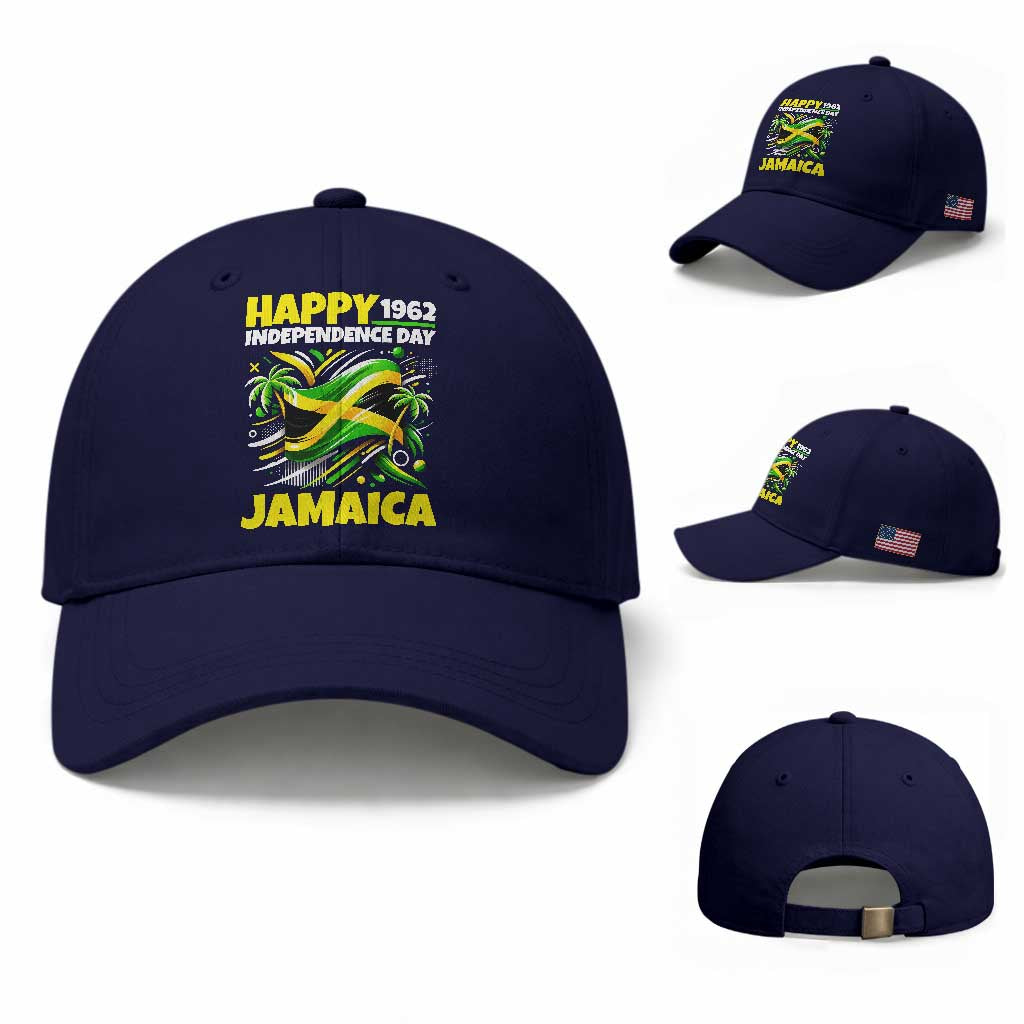 Happy Jamaican Independence Day 1962 Graphic Baseball Cap Jamaica Waving Flag and Palm Trees Caribbean Pride