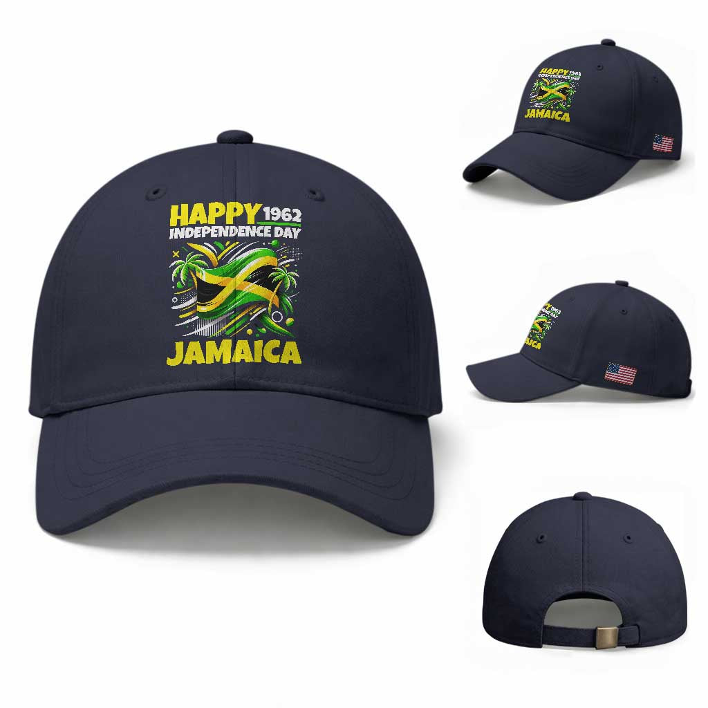 Happy Jamaican Independence Day 1962 Graphic Baseball Cap Jamaica Waving Flag and Palm Trees Caribbean Pride
