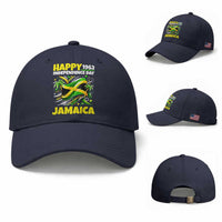 Happy Jamaican Independence Day 1962 Graphic Baseball Cap Jamaica Waving Flag and Palm Trees Caribbean Pride