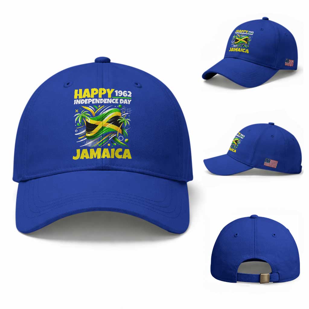 Happy Jamaican Independence Day 1962 Graphic Baseball Cap Jamaica Waving Flag and Palm Trees Caribbean Pride