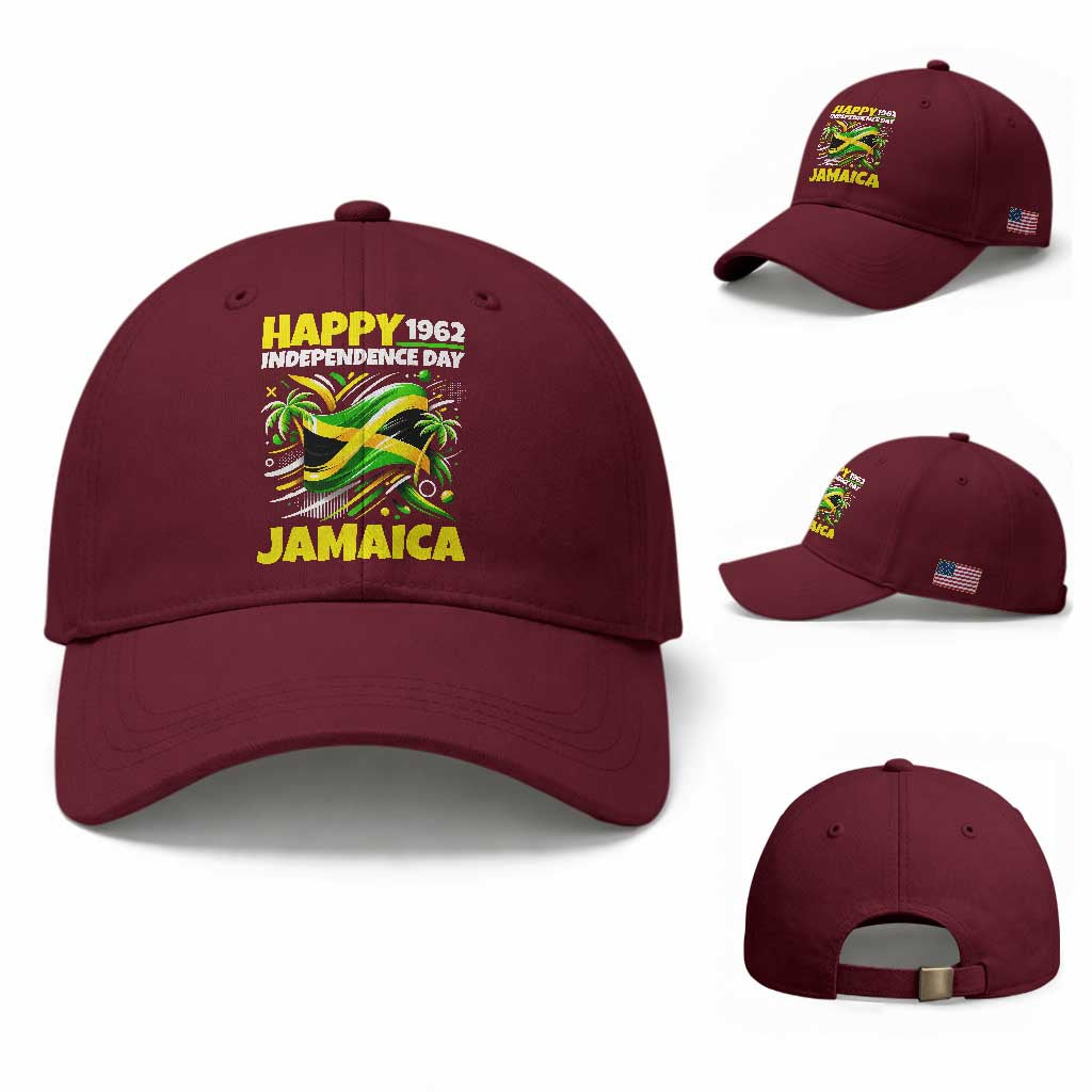 Happy Jamaican Independence Day 1962 Graphic Baseball Cap Jamaica Waving Flag and Palm Trees Caribbean Pride