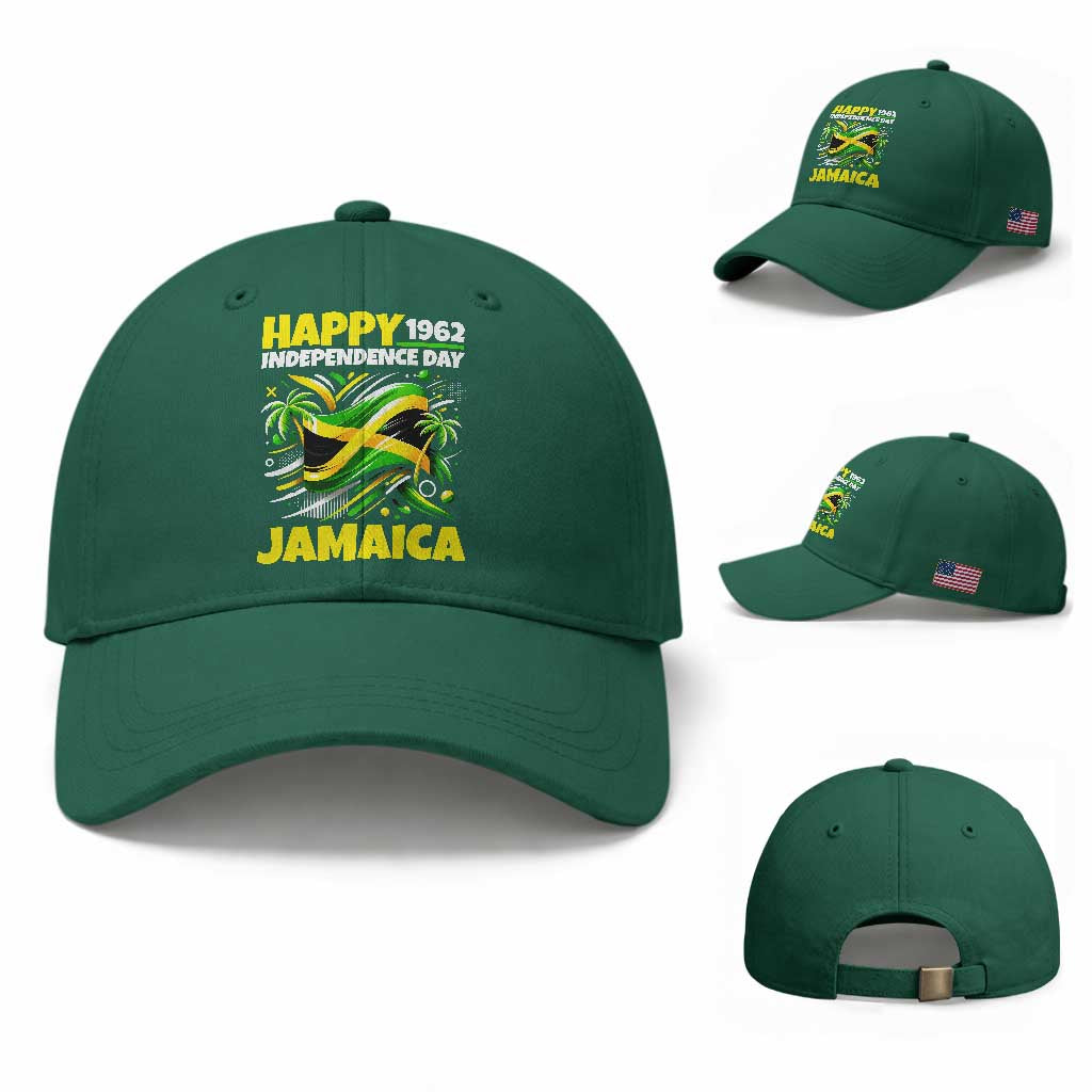 Happy Jamaican Independence Day 1962 Graphic Baseball Cap Jamaica Waving Flag and Palm Trees Caribbean Pride
