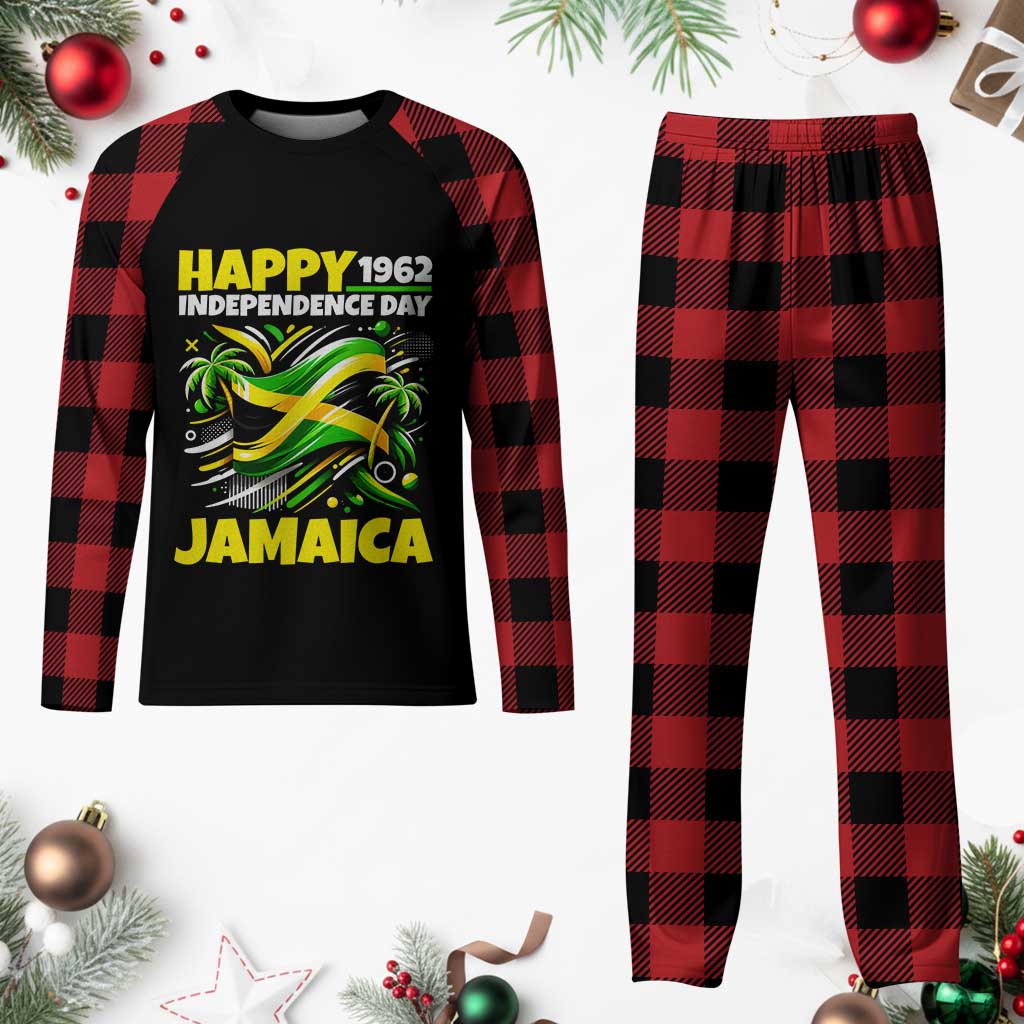Happy Jamaican Independence Day 1962 Graphic Plaid Pajama Set Jamaica Waving Flag and Palm Trees Caribbean Pride
