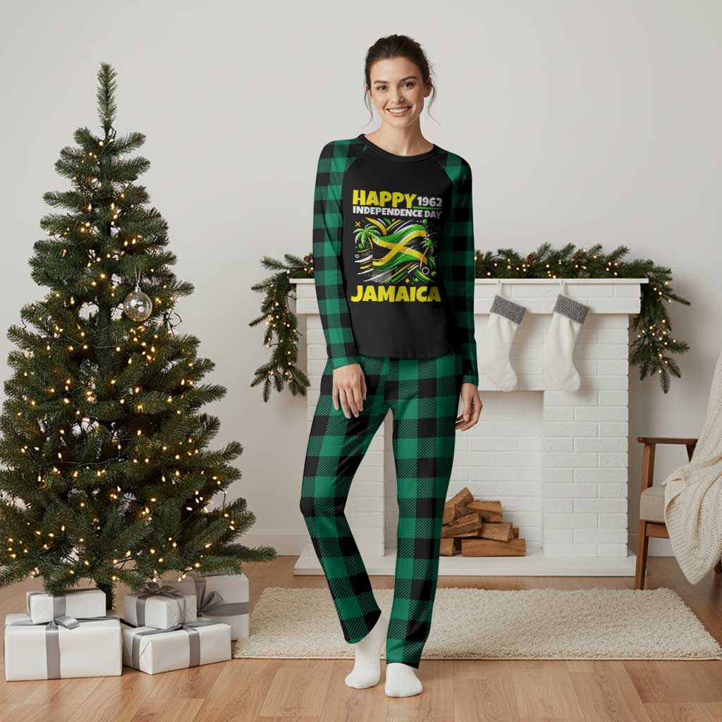 Happy Jamaican Independence Day 1962 Graphic Plaid Pajama Set Jamaica Waving Flag and Palm Trees Caribbean Pride